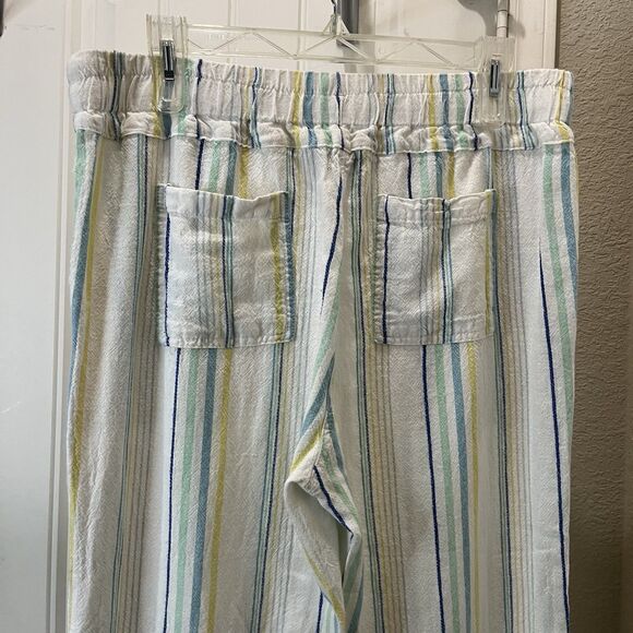 For Cynthia Striped White Teal Pull On Pants Linen Blend Womens Size PM Petite M - Picture 5 of 8